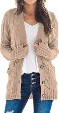 Women's Open Front Cable Knit Cardigan Sweater - Cozy Buttoned Coat