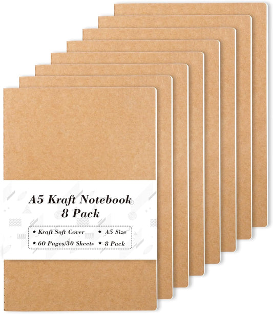 feela 8 Pack A5 Kraft Notebooks - Stylish Travel Journals