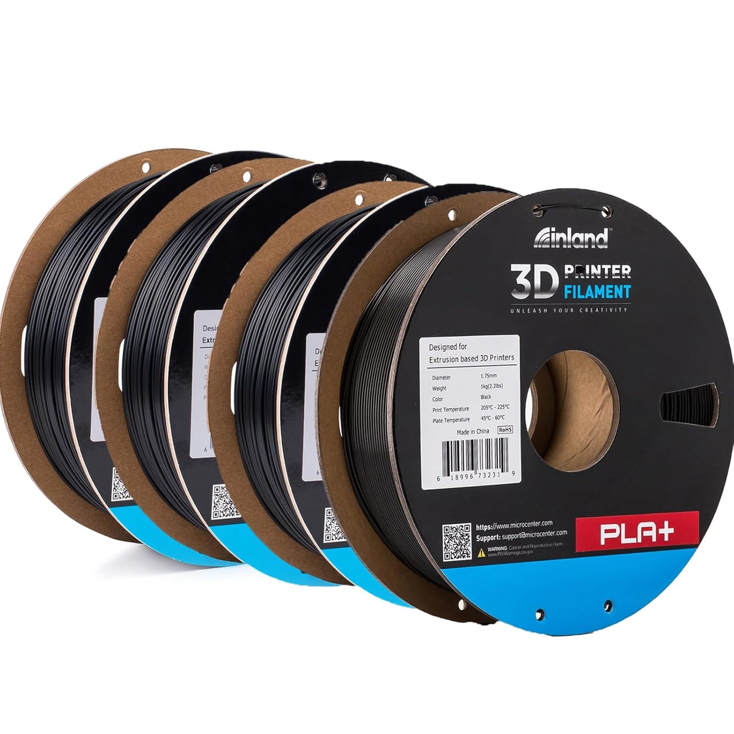 Inland Micro Center PLA Plus 3D Printer Filament 4 Pack Bundle