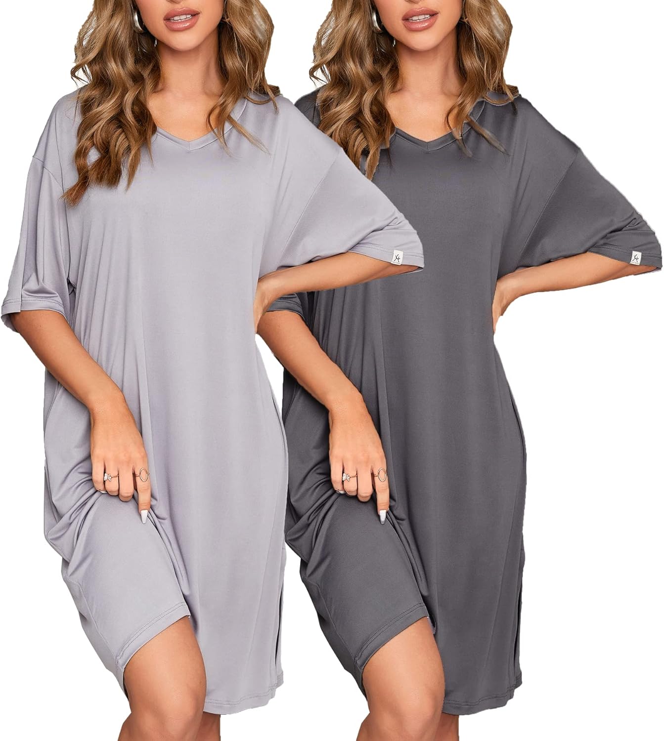 FENTENG Women's Nightgowns 2-Pack Short Sleeve V Neck Sleepwear