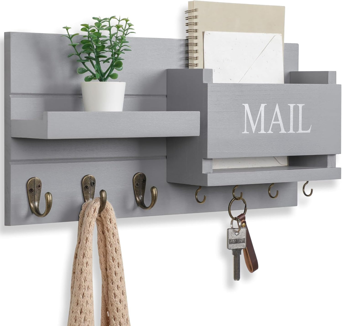 Mail Organizer for Wall Mount with Shelf and Hooks for Entryway