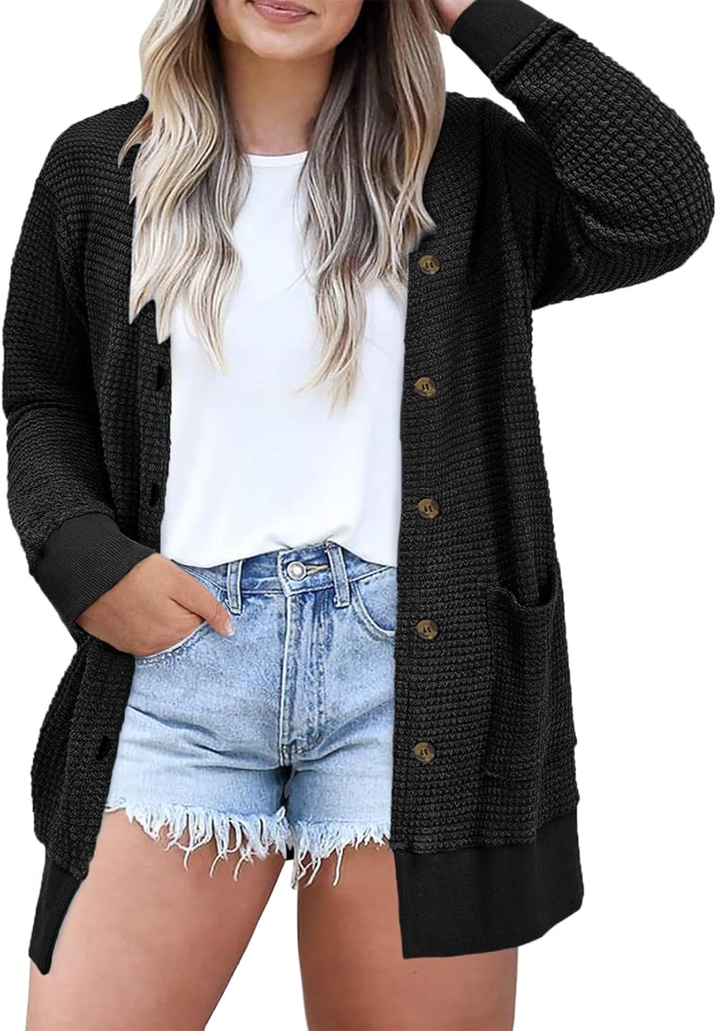 Eytino Womens Plus Size Cardigans Casual Long Sleeve Waffle Knit