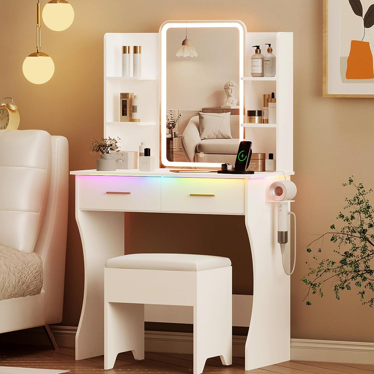 Xixini Vanity Desk: LED Lights, Storage Drawers, Power Outlet