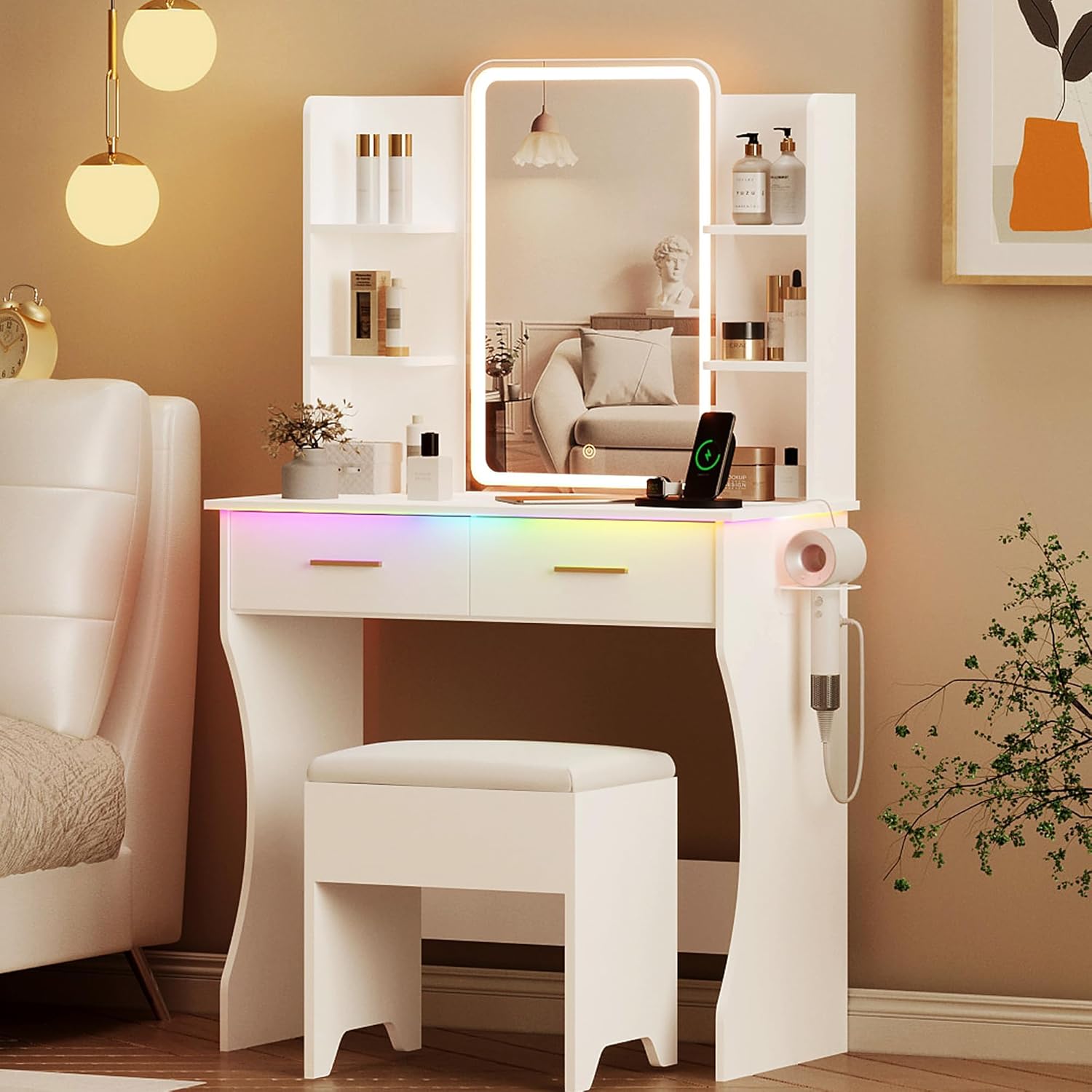 Xixini Vanity Desk: LED Lights, Storage Drawers, Power Outlet