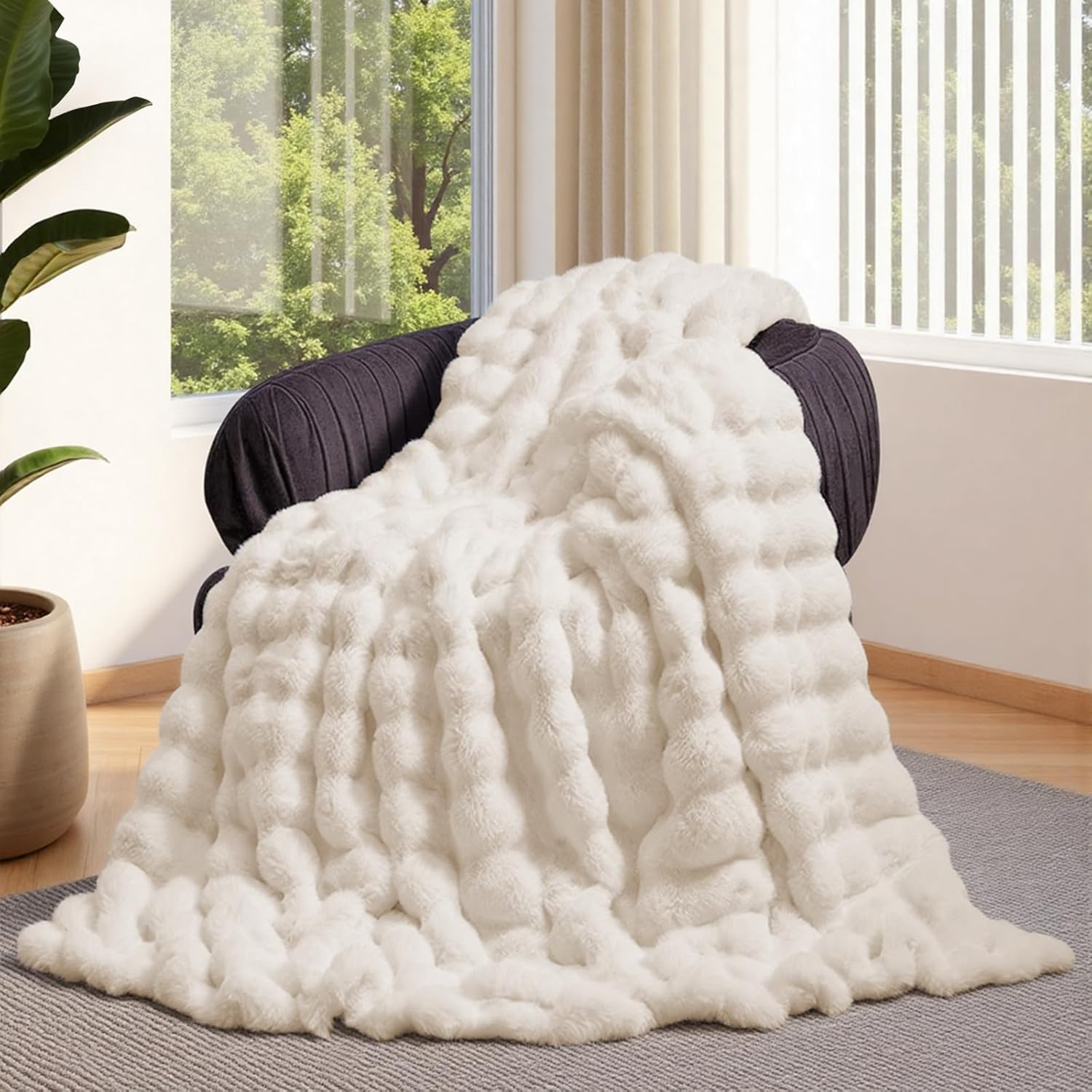 Lotus Karen Faux Fur Blanket - Cream White Twin Size Comfort