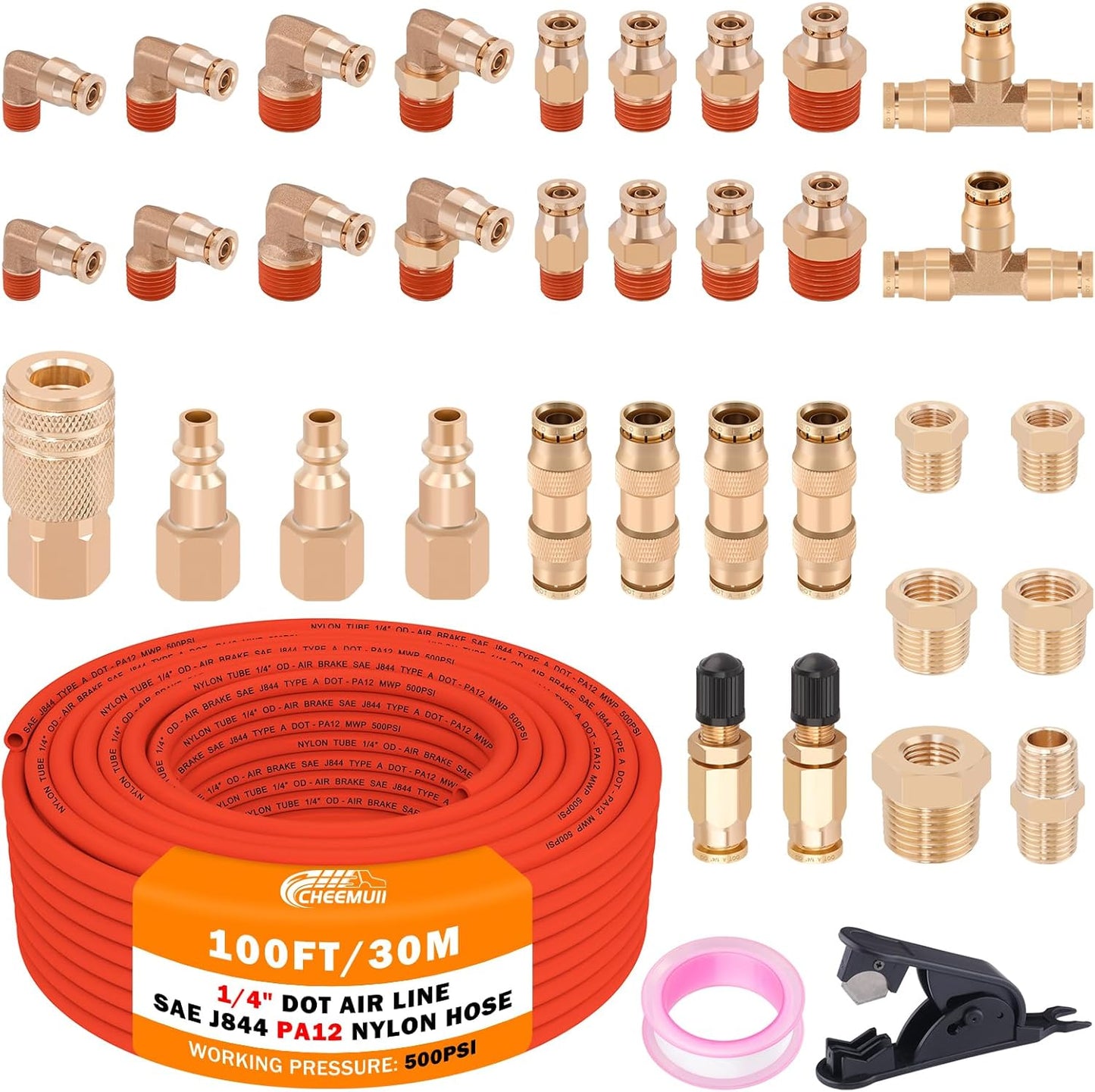 CheeMuii 100 FT 1/4 DOT Air Line with Brass Fittings Kit
