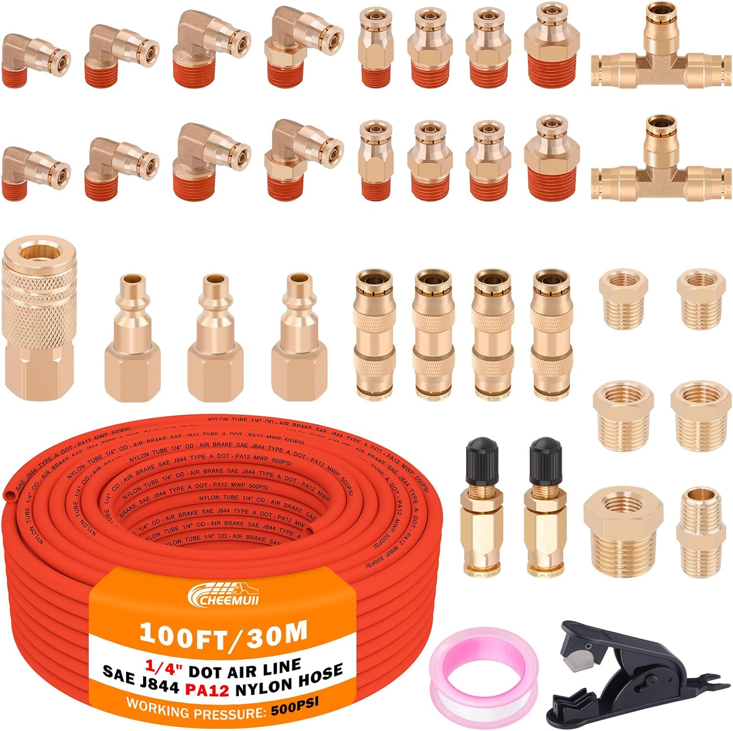 CheeMuii 100 FT 1/4 DOT Air Line with Brass Fittings Kit
