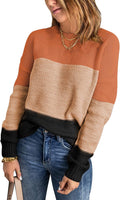 Color Block Sweater Pullover - Soft Lightweight Crewneck