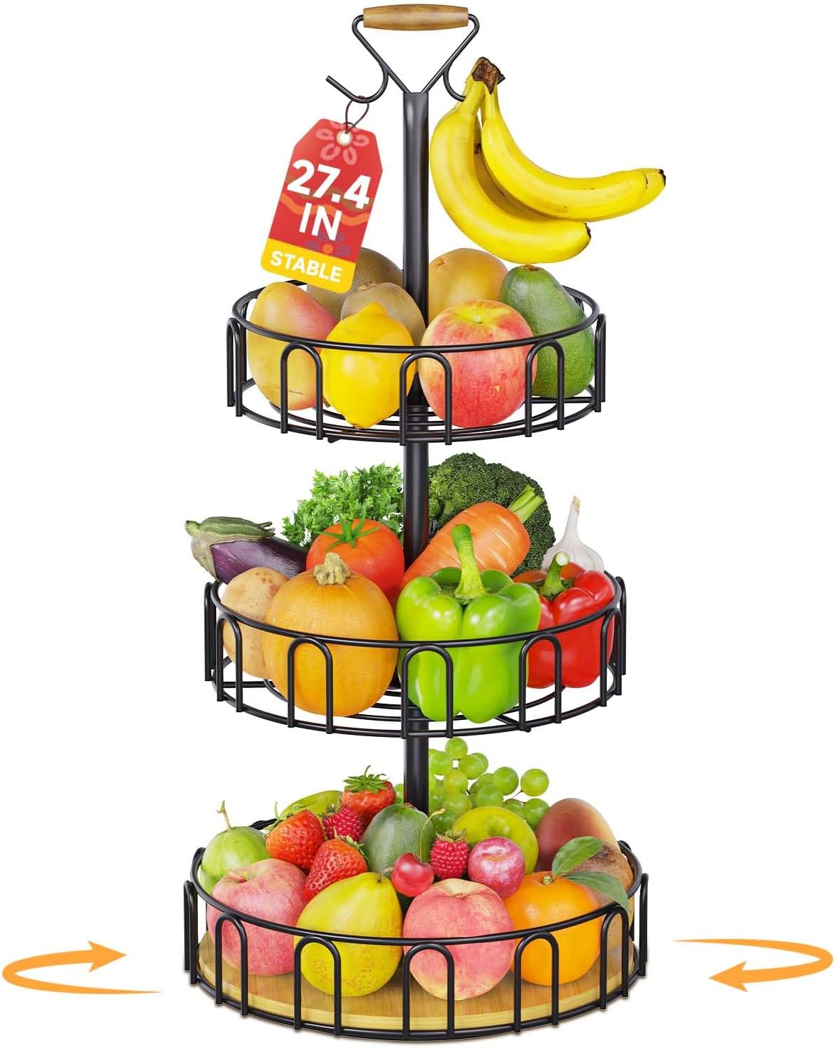 3 Tier Rotating Fruit Basket Bowl for Kitchen Counter Storage