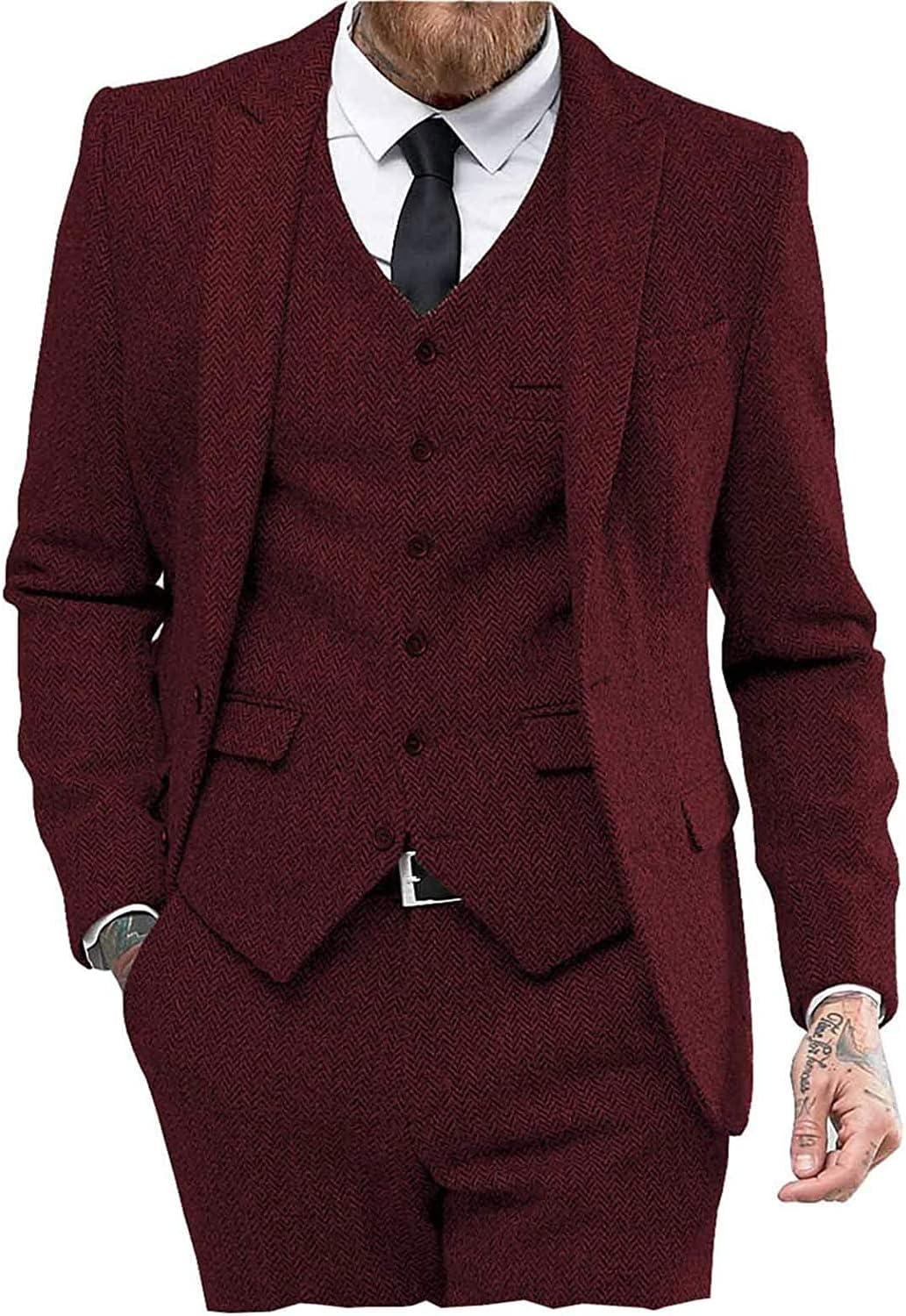 Mens Tweed Herringbone Wedding Suit Prom Tuxedos 3 Piece Set