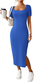 CFLONGE Ribbed Short Sleeve Bodycon Maxi Dress - Summer 2025