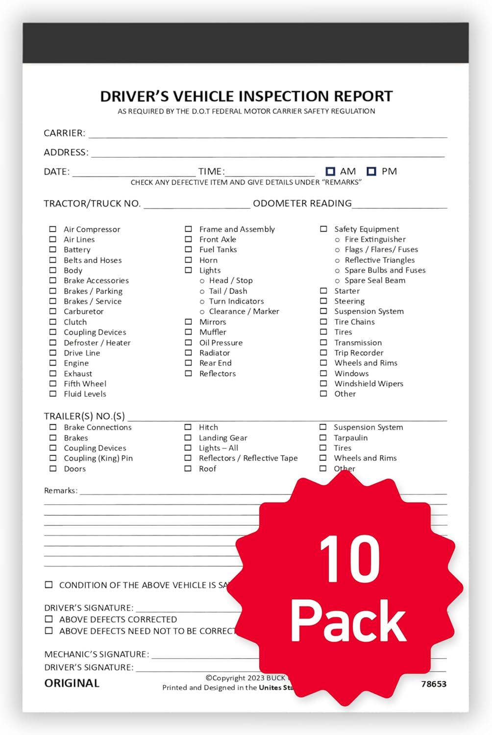 10 Pack Detailed Driver Vehicle Inspection Report Book for Truckers