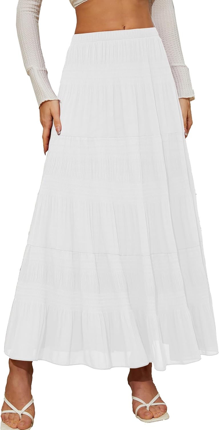 Women's Chiffon White Flowy Maxi Skirt for Boho Fall Style