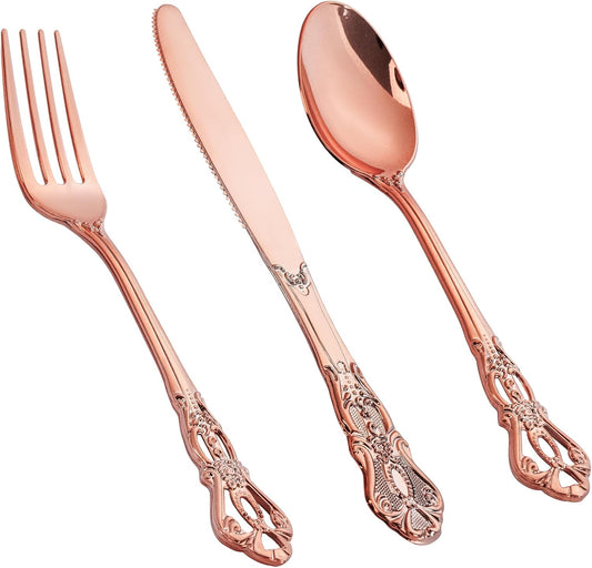 300PCS Rose Gold Plastic Silverware Set for Elegant Gatherings