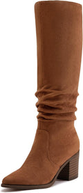 Knee High Chunky Heel Boots Faux Suede Pointed Toe - Comfortable Style