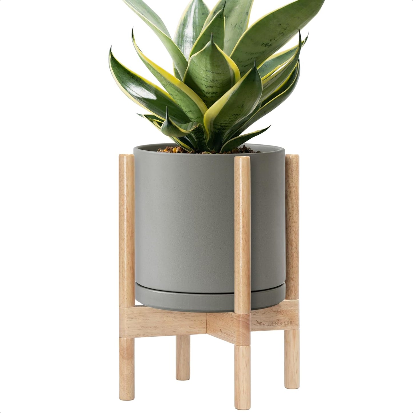 D'vine Dev 10 Inch Ceramic Planter with Natural Wood Stand
