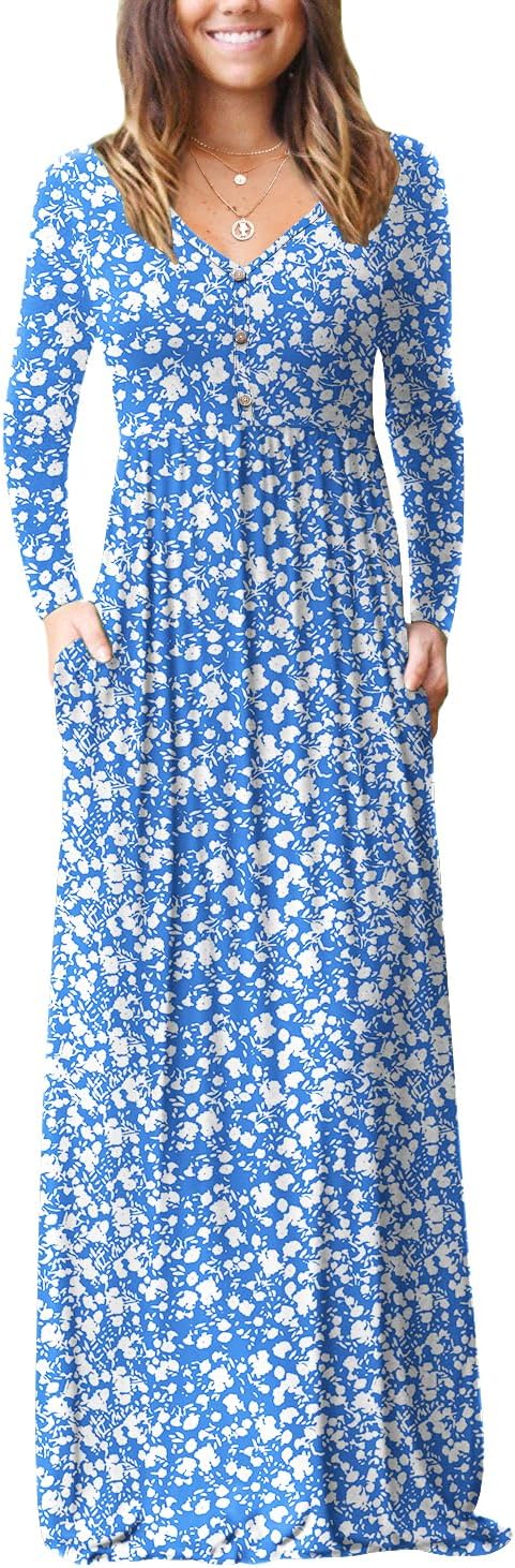 GRECERELLE Womens Long Sleeve V Neck Casual Maxi Dress with Pockets