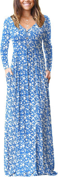 Womens Long Sleeve V Neck Button Maxi Dress - Stretchy Waist
