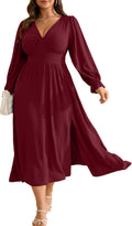 Plus Size Wedding Guest Dress for Women Deep V Neck Long Sleeve Maxi