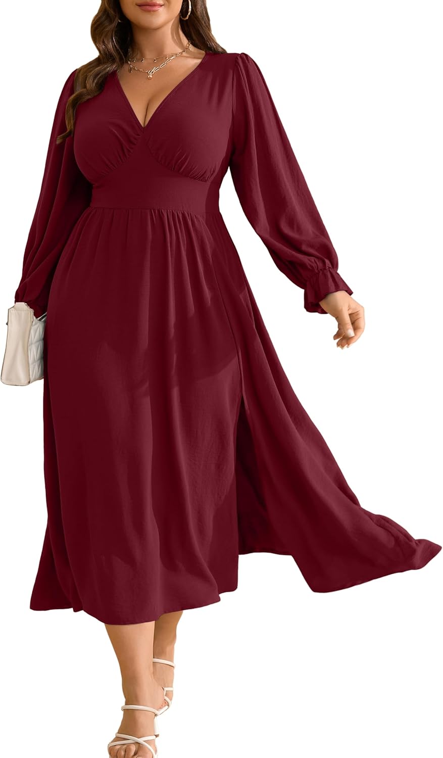 Plus Size Wedding Guest Dress with Deep V Neck and Long Sleeves