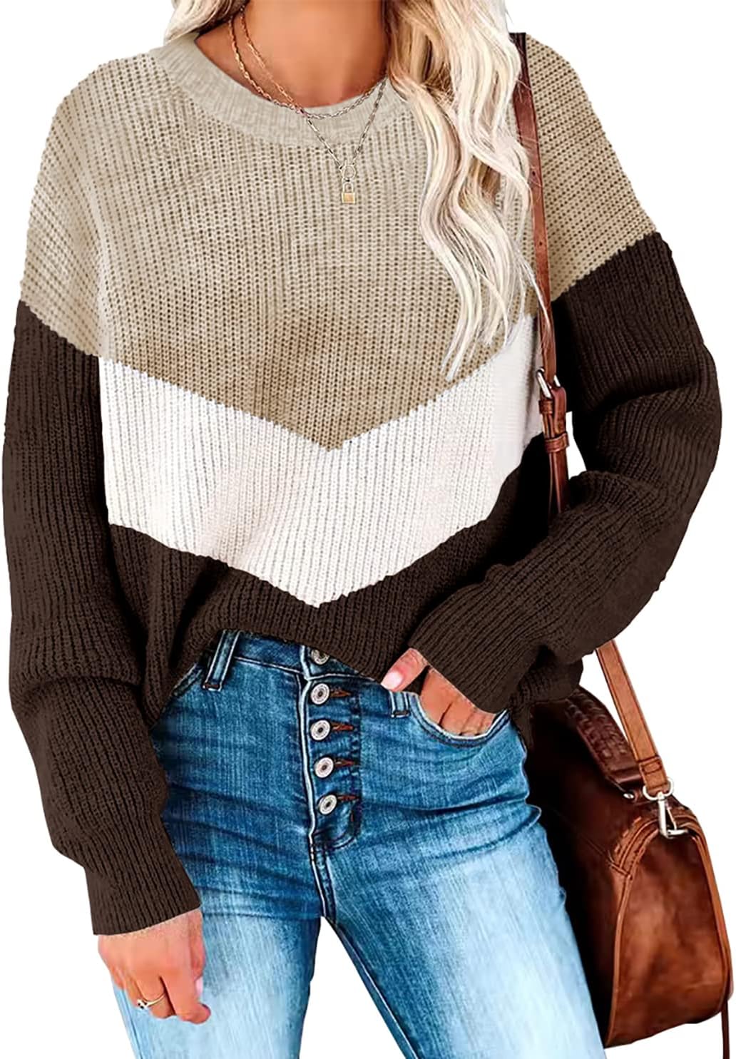 Casual Long Sleeve Color Block Pullover Sweater for Women