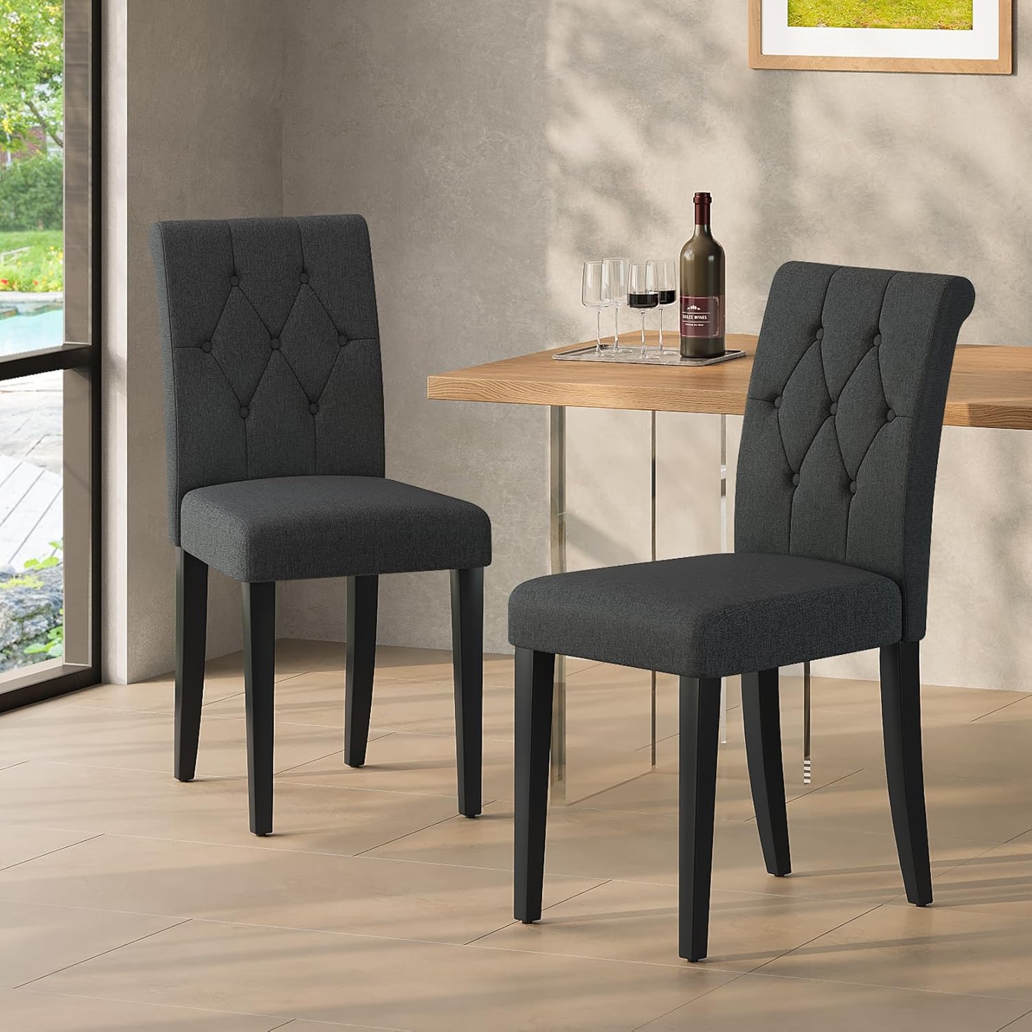 Upholstered Dining Chairs Set of 2 with Button Tufted Design