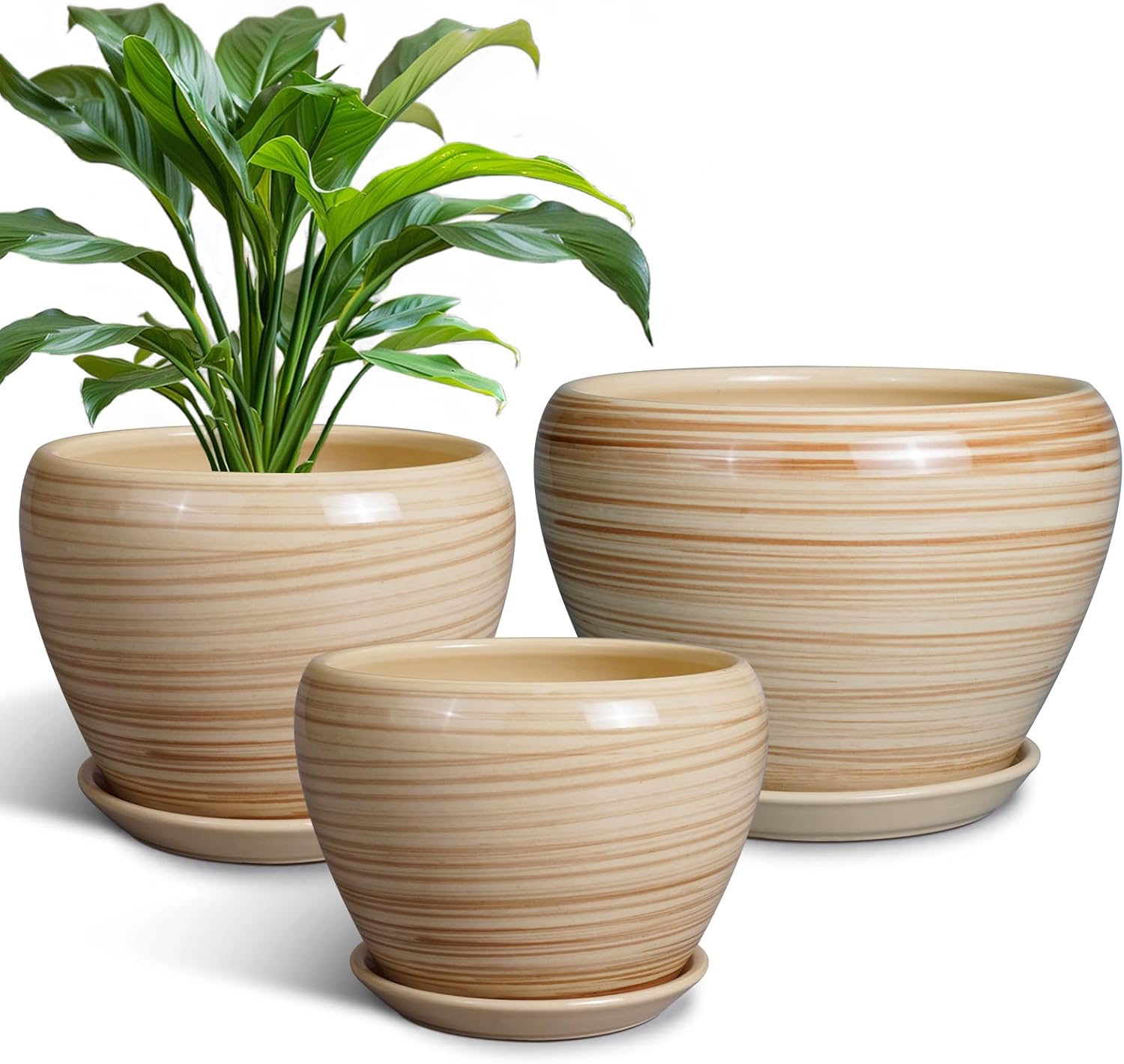 Ceramic Pots for Plants - Set of 3 Decorative Yellow Planters