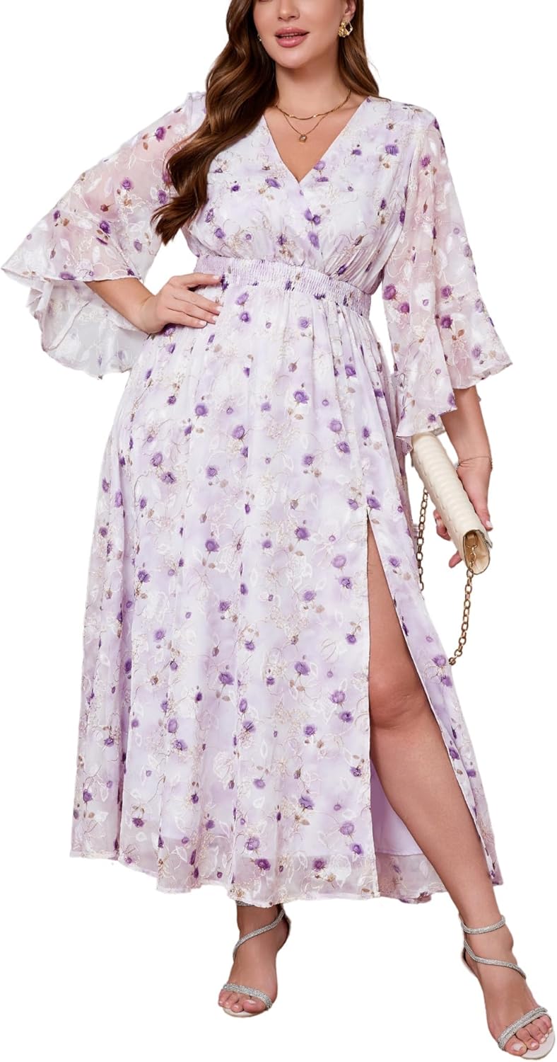 Plus Size Ruffle Bell Sleeve V Neck A Line Maxi Dress