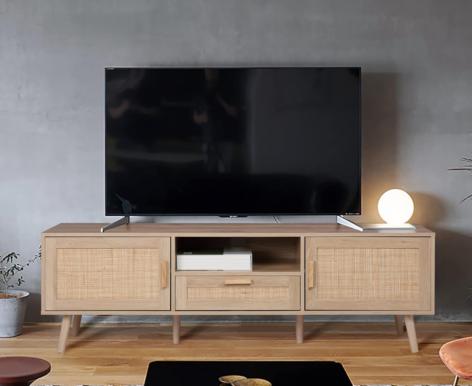 Boho TV Stand W/ Rattan Doors, Storage