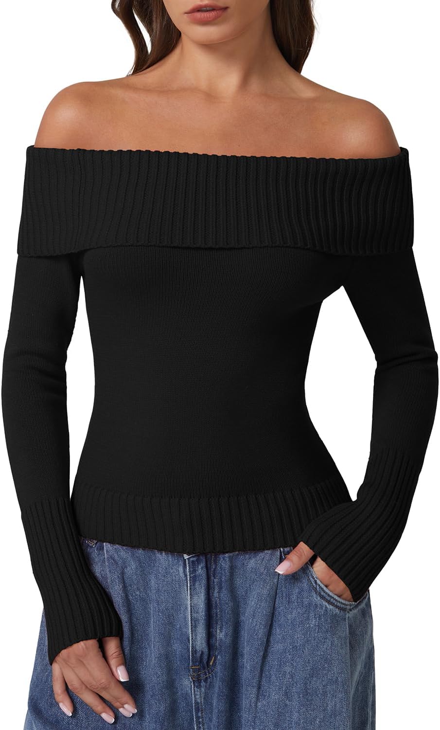 QINSEN Cotton Off The Shoulder Sweater for Women Long Sleeve