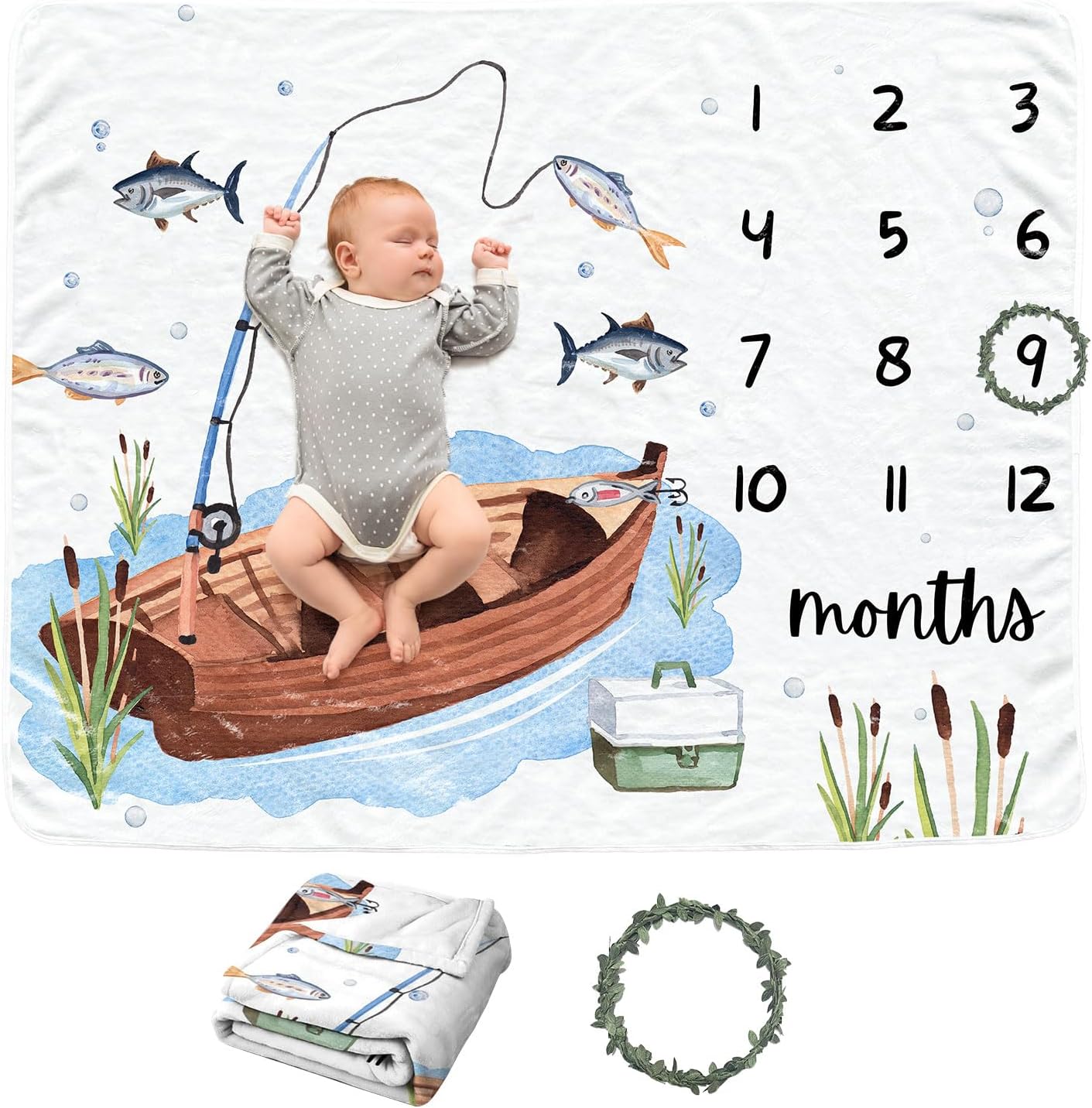 Personalized Fishing Baby Monthly Blanket for Girls & Boys