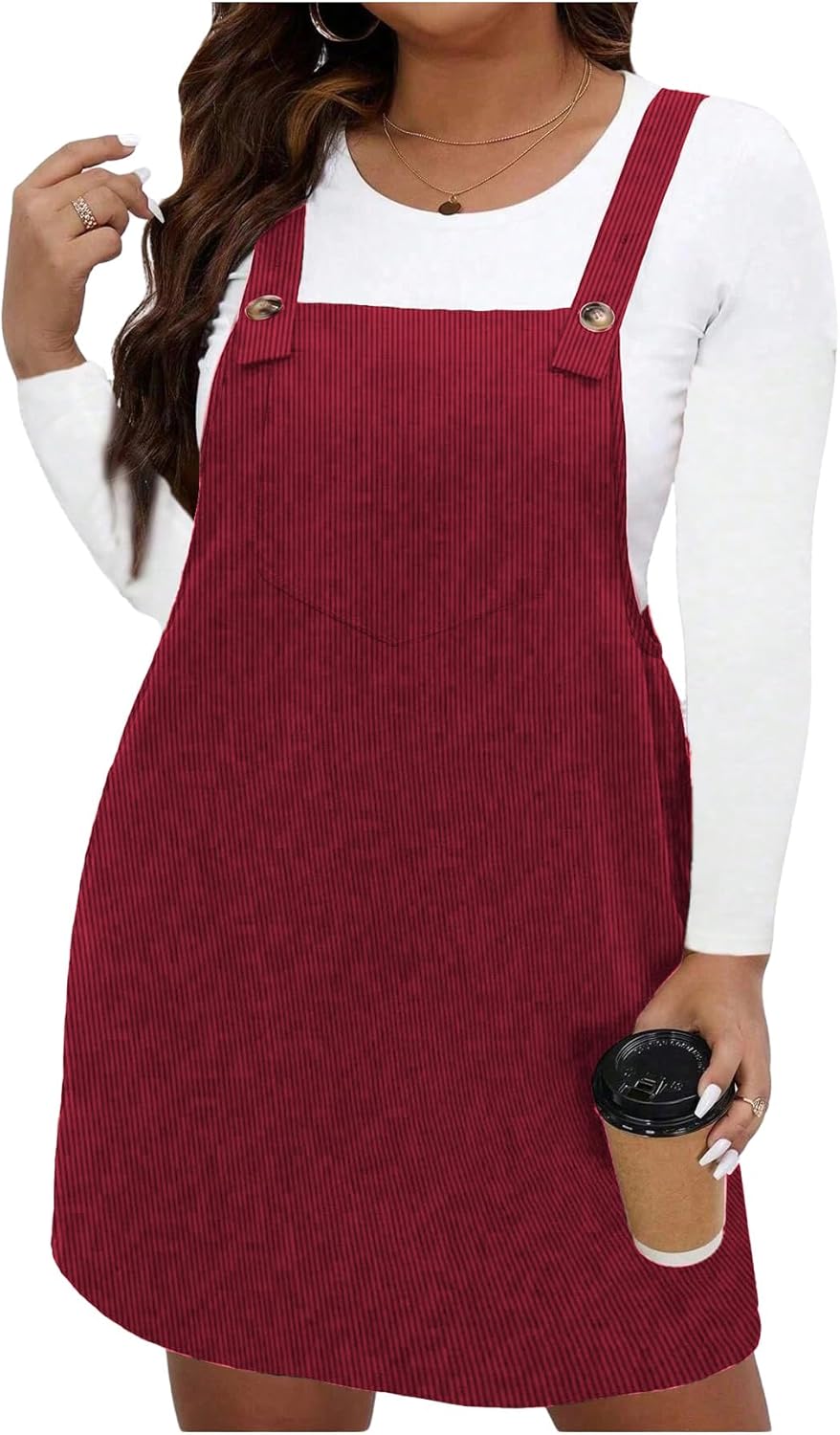 WDIRARA Women's Plus Size Corduroy Sleeveless Overall Dress