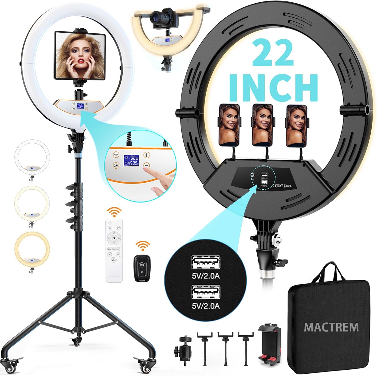 MACTREM 22in Foldable Ring Light with Stand for iPhone and iPad