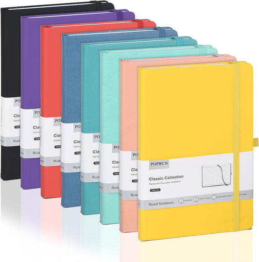 POPRUN A5 Lined Journal Notebooks - 8 Pack PU Leather. Boost Productivity!
