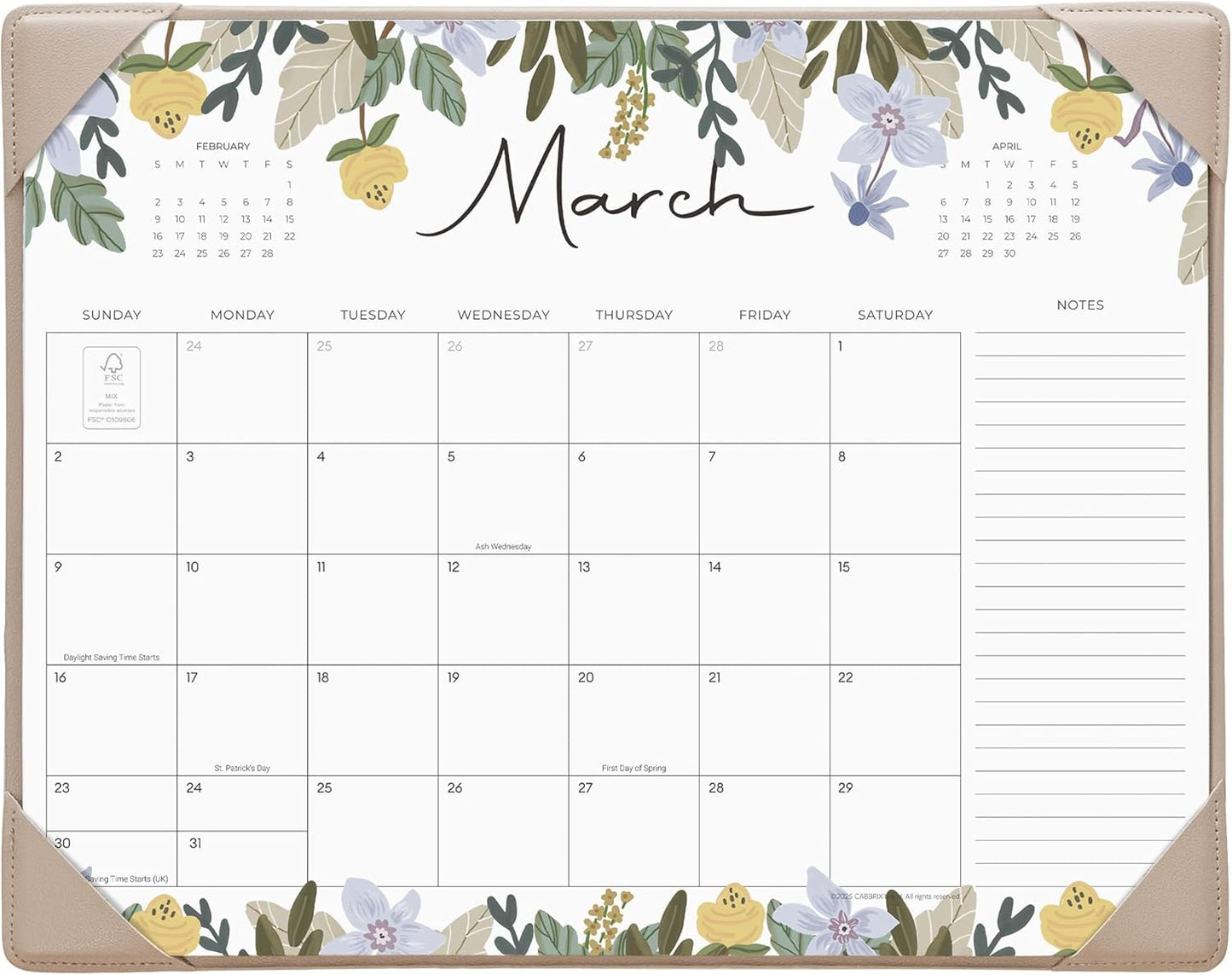 Floral Desk Calendar 2025-2026 + Mat Combo