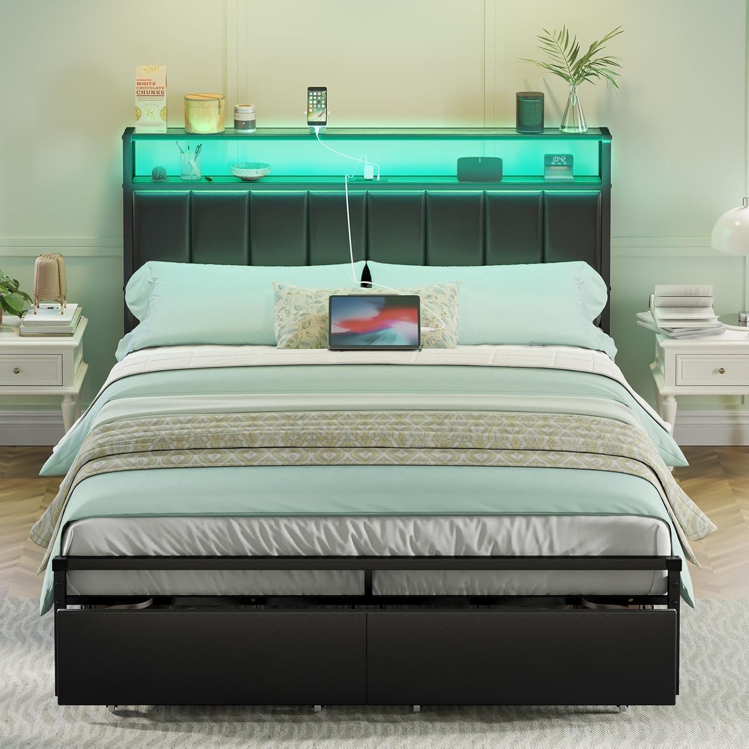 LED Bed Frame with Drawers and Charging Station for Comfort
