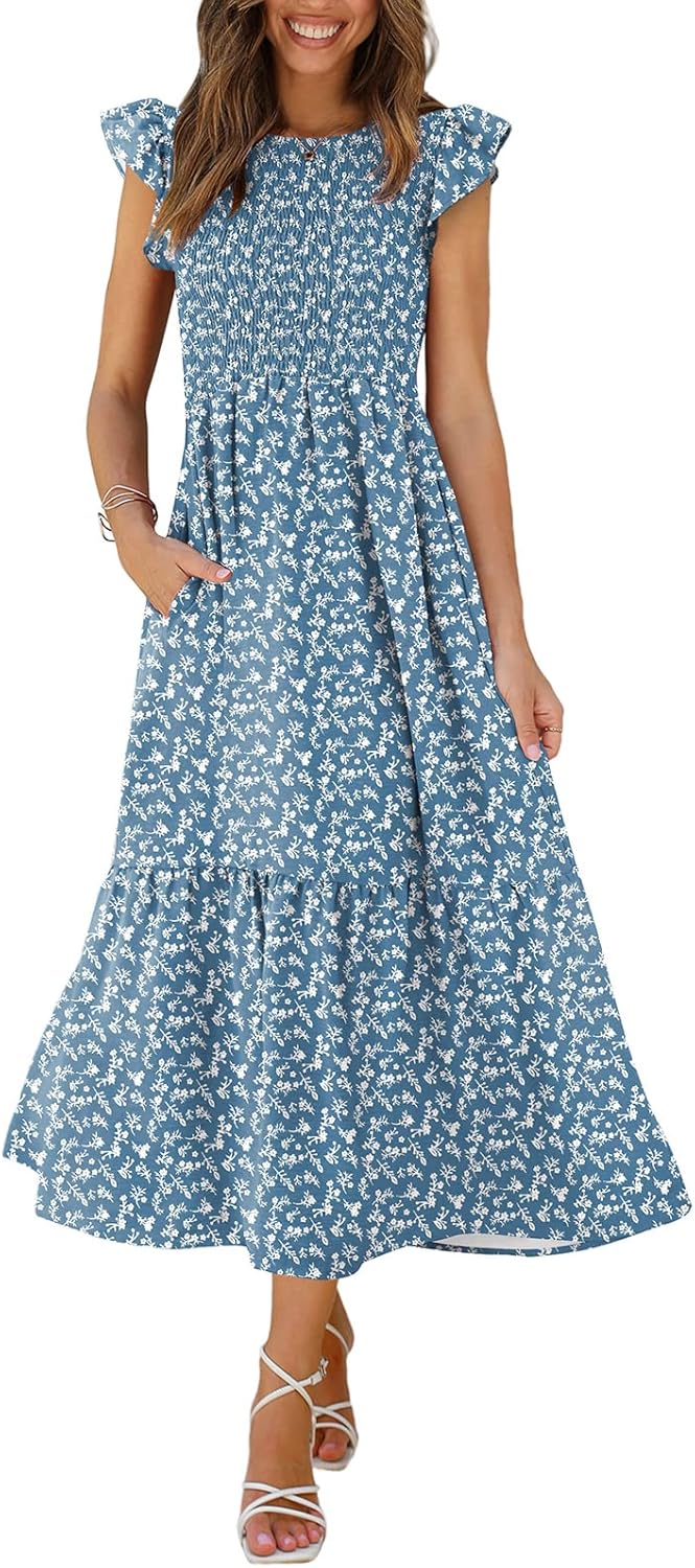 OFEEFAN Women's Casual Maxi Dresses with Pockets and Ruffles