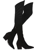 Shoe'N Tale Women Stretch Suede Chunky Heel Thigh High Boots