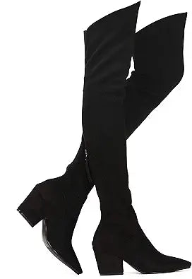 Shoe'N Tale Women Stretch Suede Chunky Heel Thigh High Boots