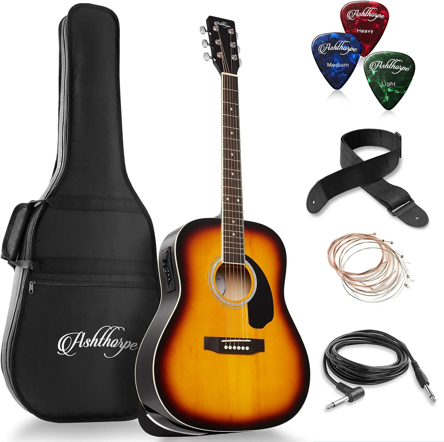 Ashthorpe Full-Size Dreadnought Acoustic-Electric Guitar Bundle