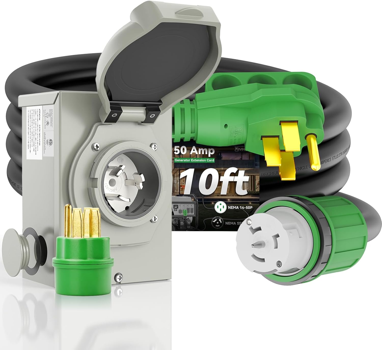 50 Amp Generator Cord and Inlet Box Waterproof Combo Kit