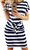Women's Summer Crewneck Tie Waist Dress - Office & Casual PRETTYGARDEN