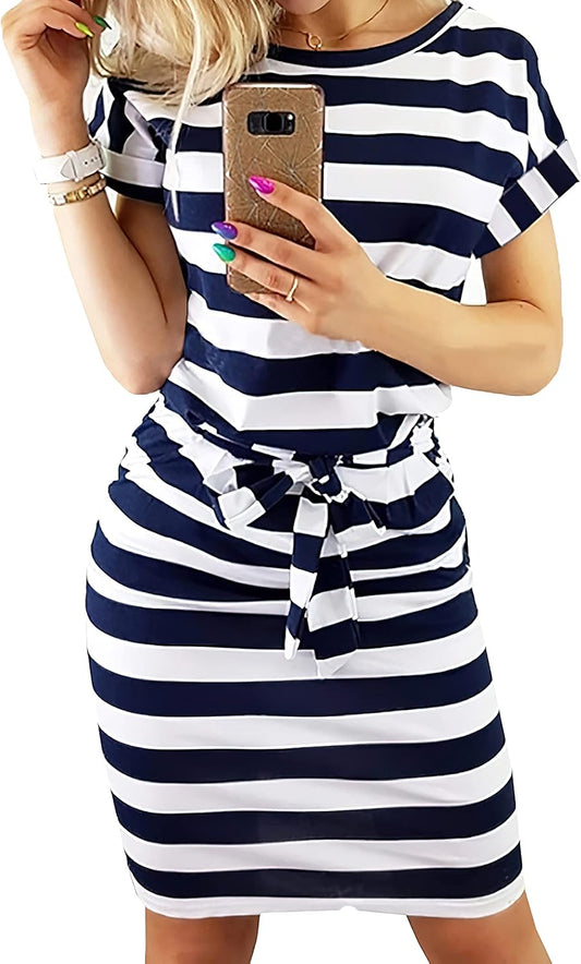 PRETTYGARDEN Women's Summer Short Sleeve Striped Dress with Pockets