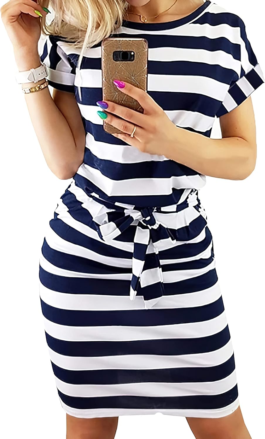 PRETTYGARDEN Women's Summer Short Sleeve Striped Dress with Pockets