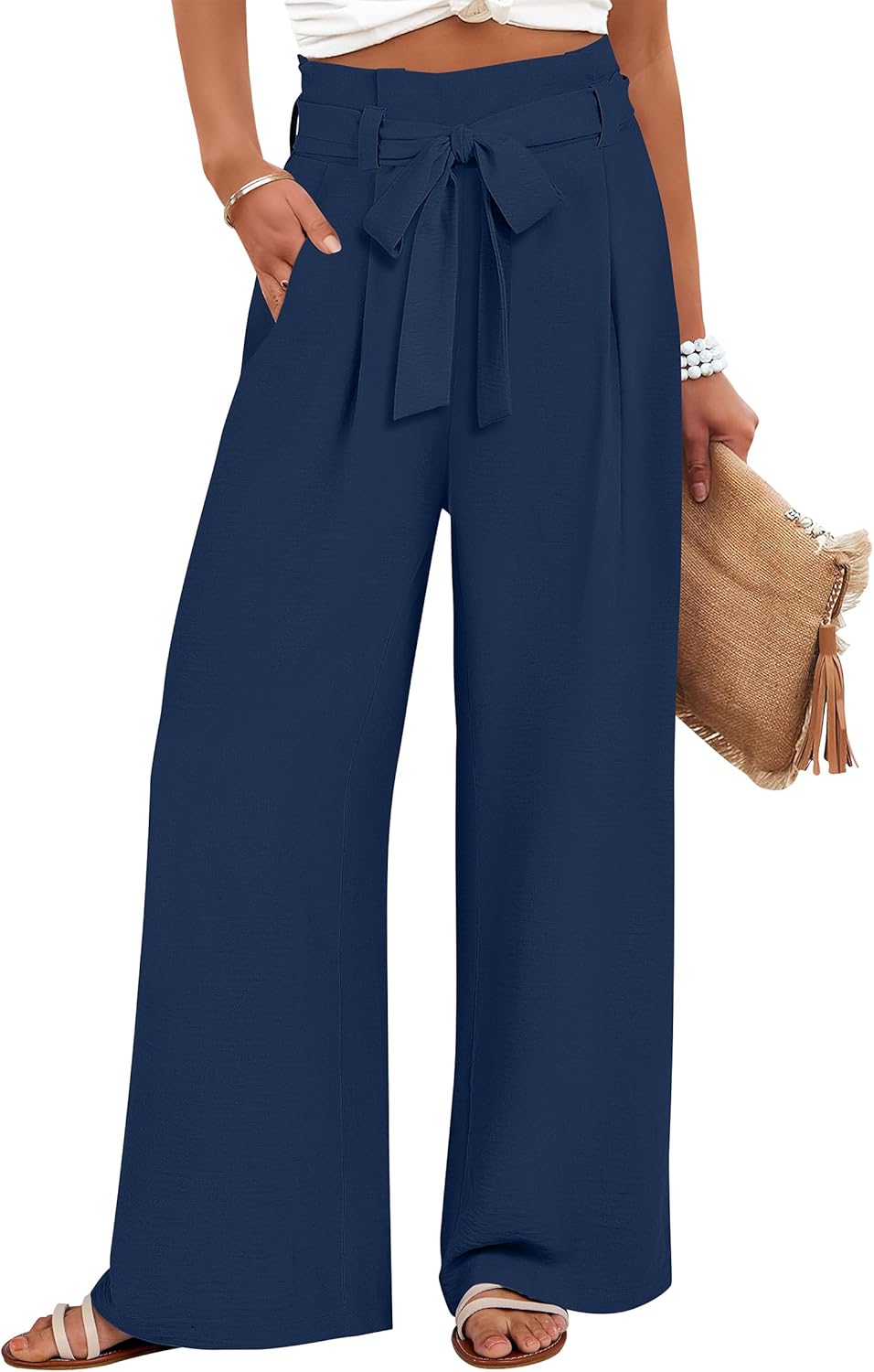 Womens Wide Leg Palazzo Pants with Belted High Waist Design