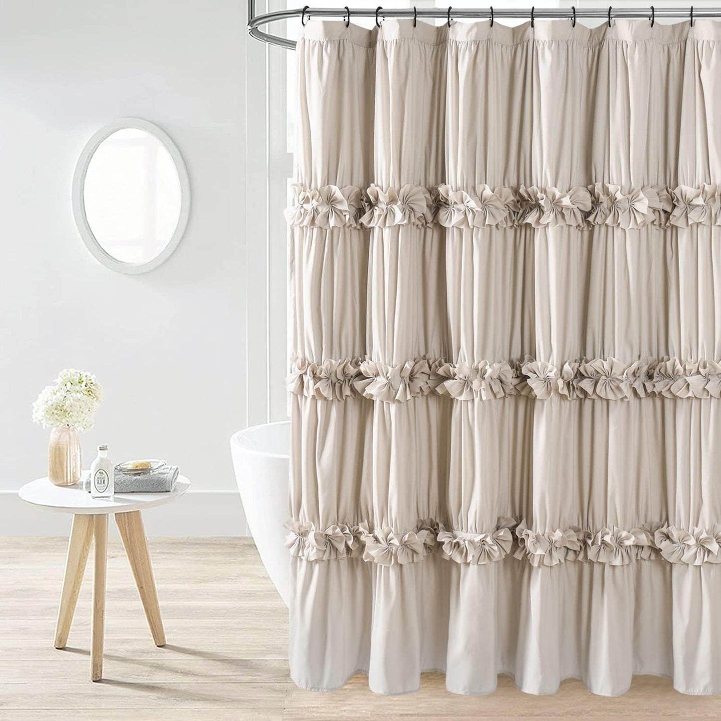 Camel Ruffle Shower Curtain for a Vintage Bathroom Look