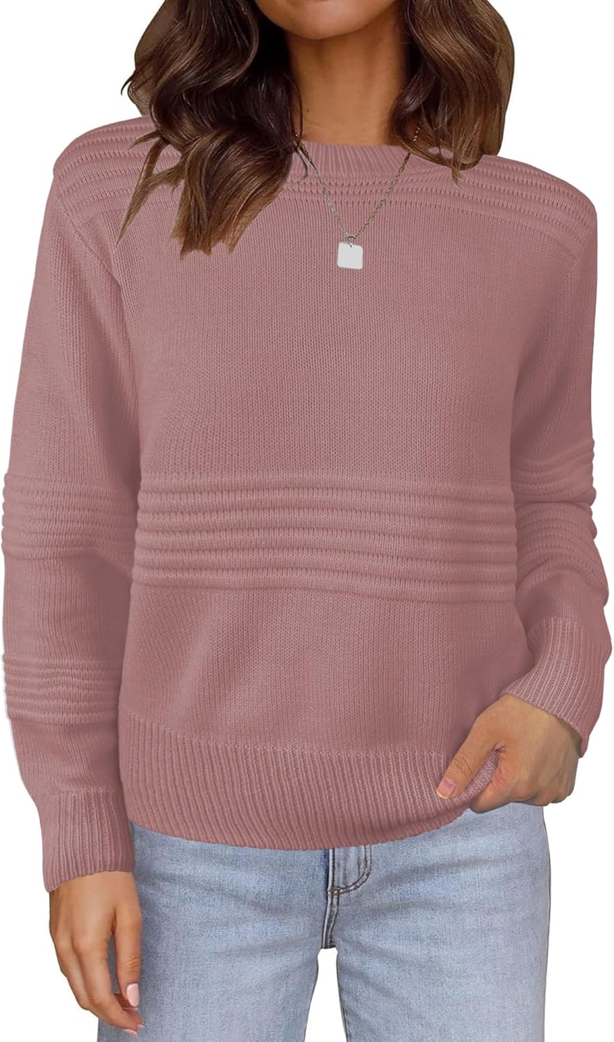 Womens Sweaters Casual Crew Neck Tops Long Sleeve Ribbed Knit