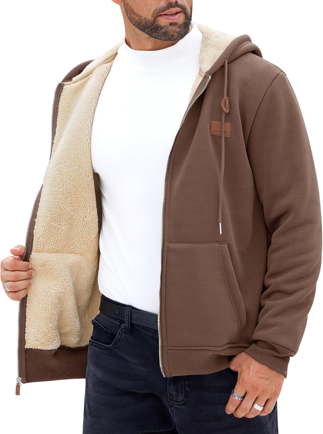 Men's Sherpa-Lined Zip Up Hoodie Jacket for Winter Comfort