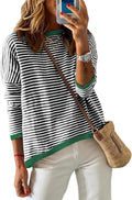 Womens Lightweight Cotton Crew Neck Striped Pullover Sweater - Casual