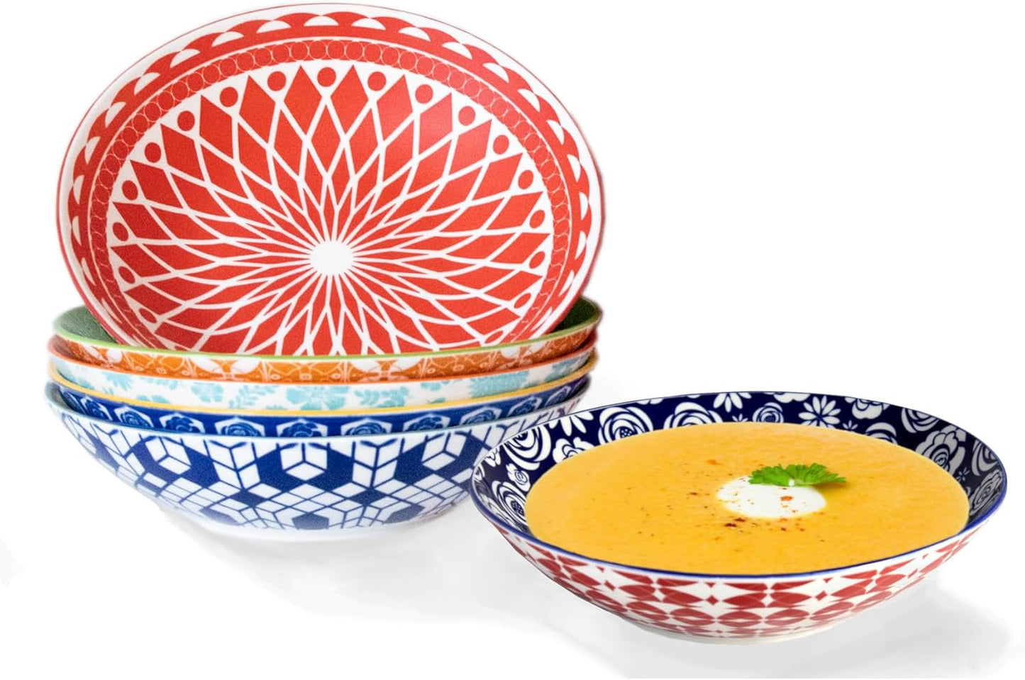 Annovero Pasta Bowls Set of 6 - Colorful Porcelain Dinnerware